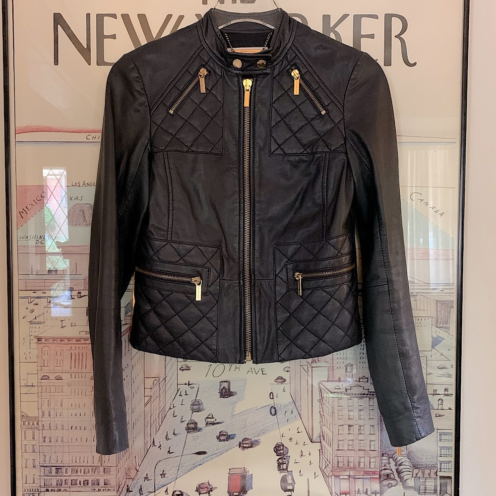 Michael Kors navy leather moto jkt with gold zips and quilted details size XS
